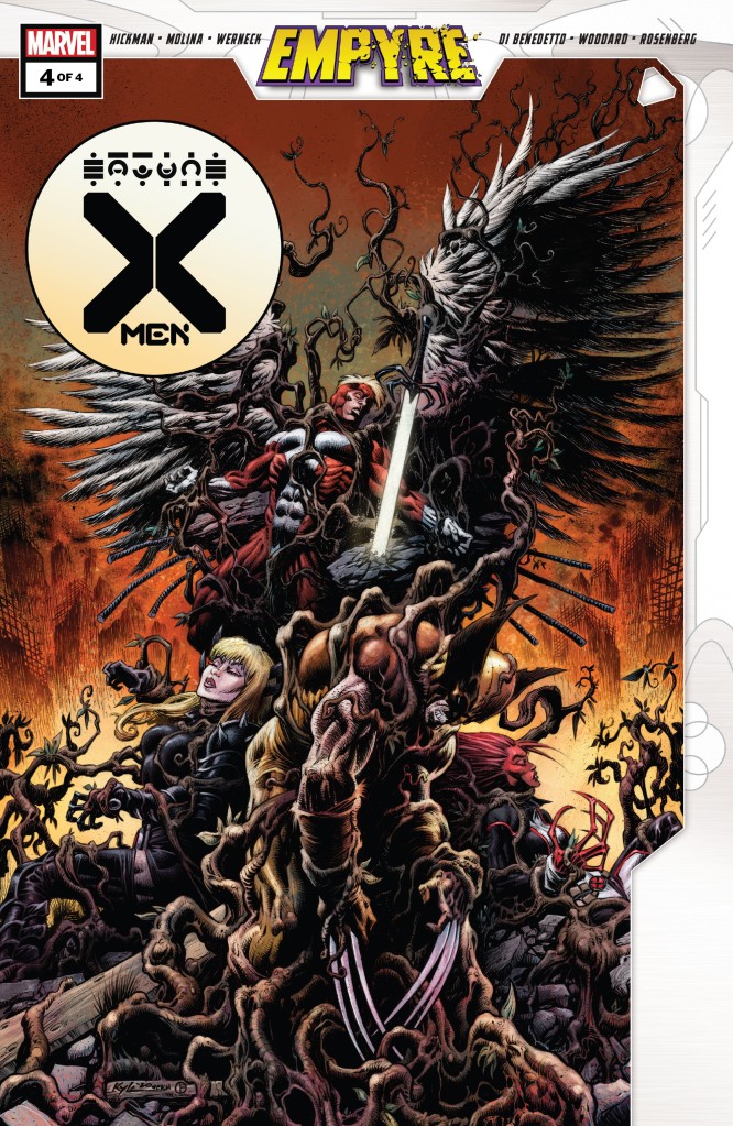 The cover of Empyre: X-Men #4. The cast are piled up in the centre of the cover with a sword stabbed into a rock at the top. They are all encased in twisted branches. The background looks like a fire in colour gradient. 