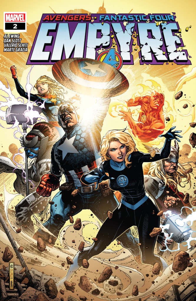 Cover of Empyre #2. Captain Marvel, Captain America, the Accuser, Thor, Johnny Storm, and Sue Richards are standing in the middle of a tornado, light bursting from over Captain America's shoulder, all poised to fight something on the outside of the tornado. 