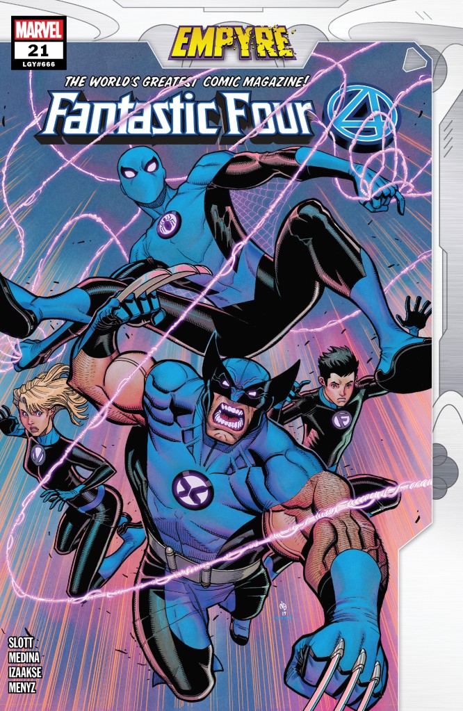 The cover of Fantastic Four (2018-) #21. Spiderman, Wolverine, and Valeria and Franklin Richards are jumping towards the viewer, all wearing Fantastic Four uniforms. THere are pink glowing webs weaving around all of them, coming from both of Spiderman's hands. 