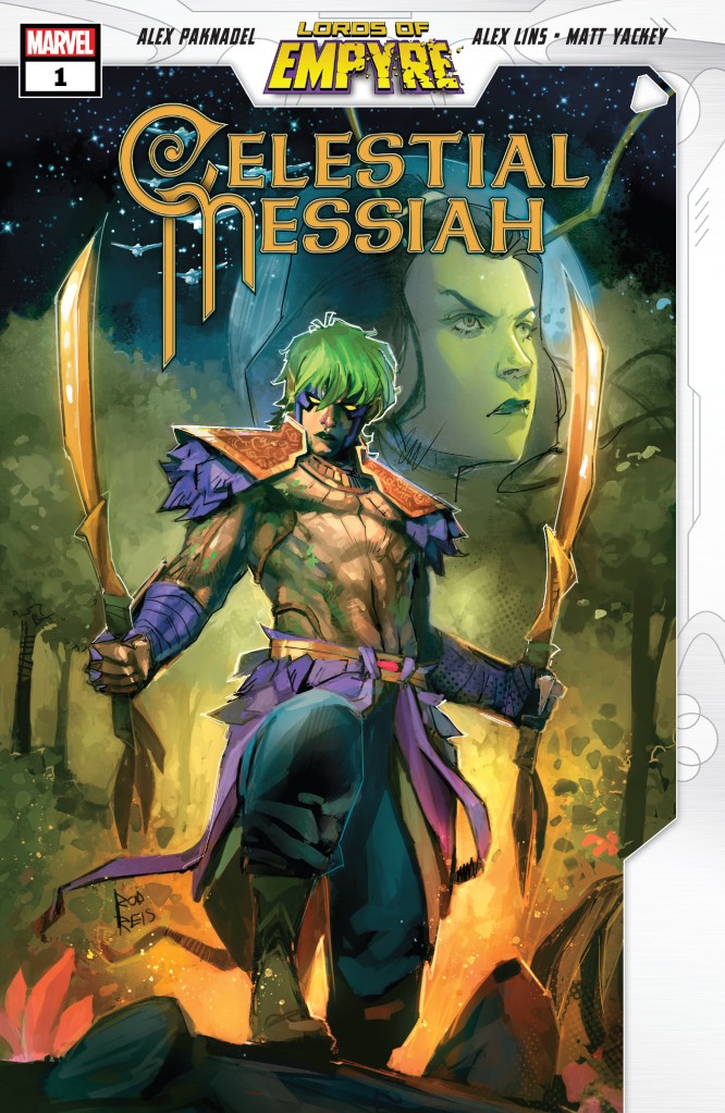 Cover of Lords of Empyre: Celestial Messiah. Quoi is standing in the middle of the cover, one foot on a rock in front of him and brandishing two jagged golden swords with hilts that look to be made of tied leaves. Mantis is layered over the moon, looking into the distance. There are six ships of the Kree-Skrull alliance under the title 'Celestial Messiah' which is written in curved golden script over the top of the cover. 