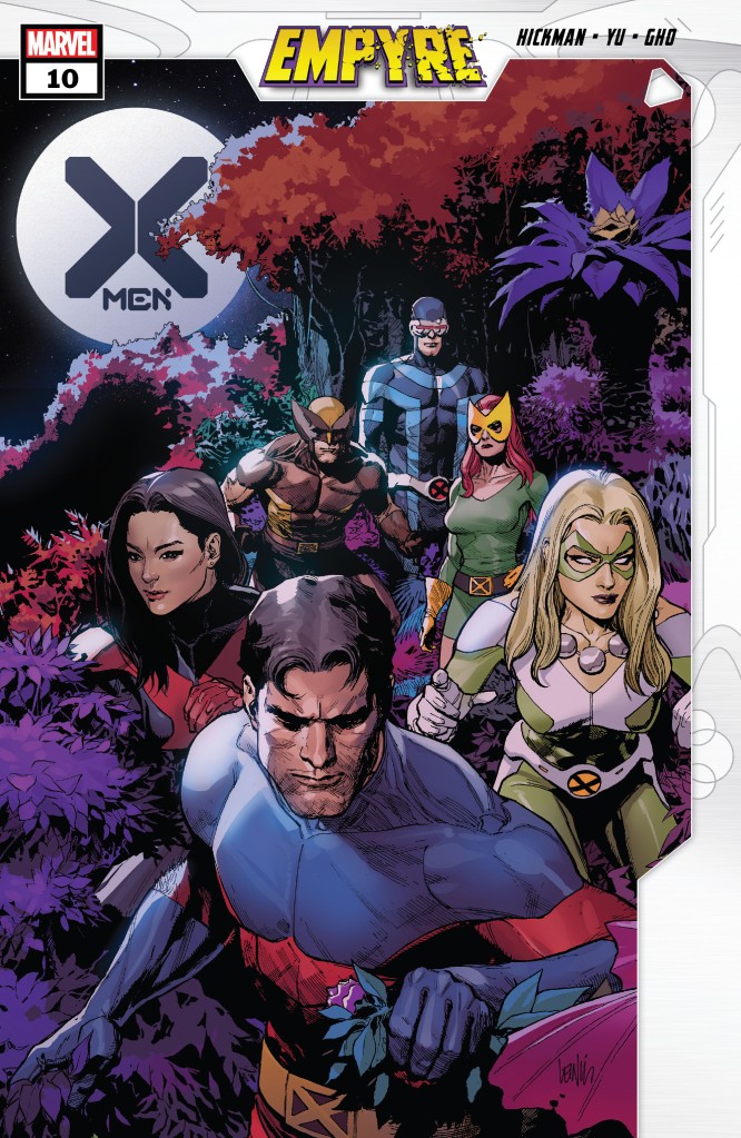 Cover of X-Men (2019) #10. Six of the X-Men are standing around looking straight at the viewer. They are in a leafy environment, surrounded by red, purple, and green foliage. The title 'X-Men' is written over the moon. 