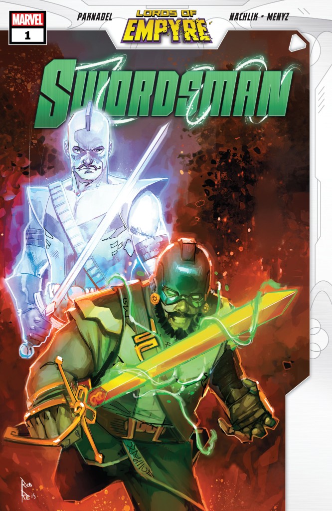 The cover of Lords of Empyre: Swordsman. Swordsman is standing in the forefront, with vines curling around his body and sword, with the sword raised across his body. He is grimacing. The ghost of Swordsman is standing behind him in glowing white without the beard that plant-Swordsman has, and with a thinner and longer sword. The background is red. The title 'Swordsman' is written in green across the top of the image, with green lit up vines curling around it.