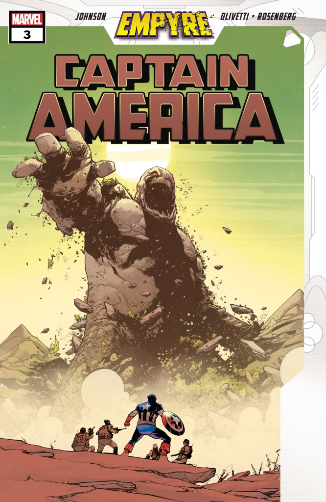Cover of Empyre: Captain America #3. There is a brown earth monster reaching towards the viewer whilst yelling. It is stomping over some brown mountains against a green sky. The title 'Captain America' is written in brown capital letters above the dirt monster. Captain America is standing with a group of soldiers facing the dirt monster.