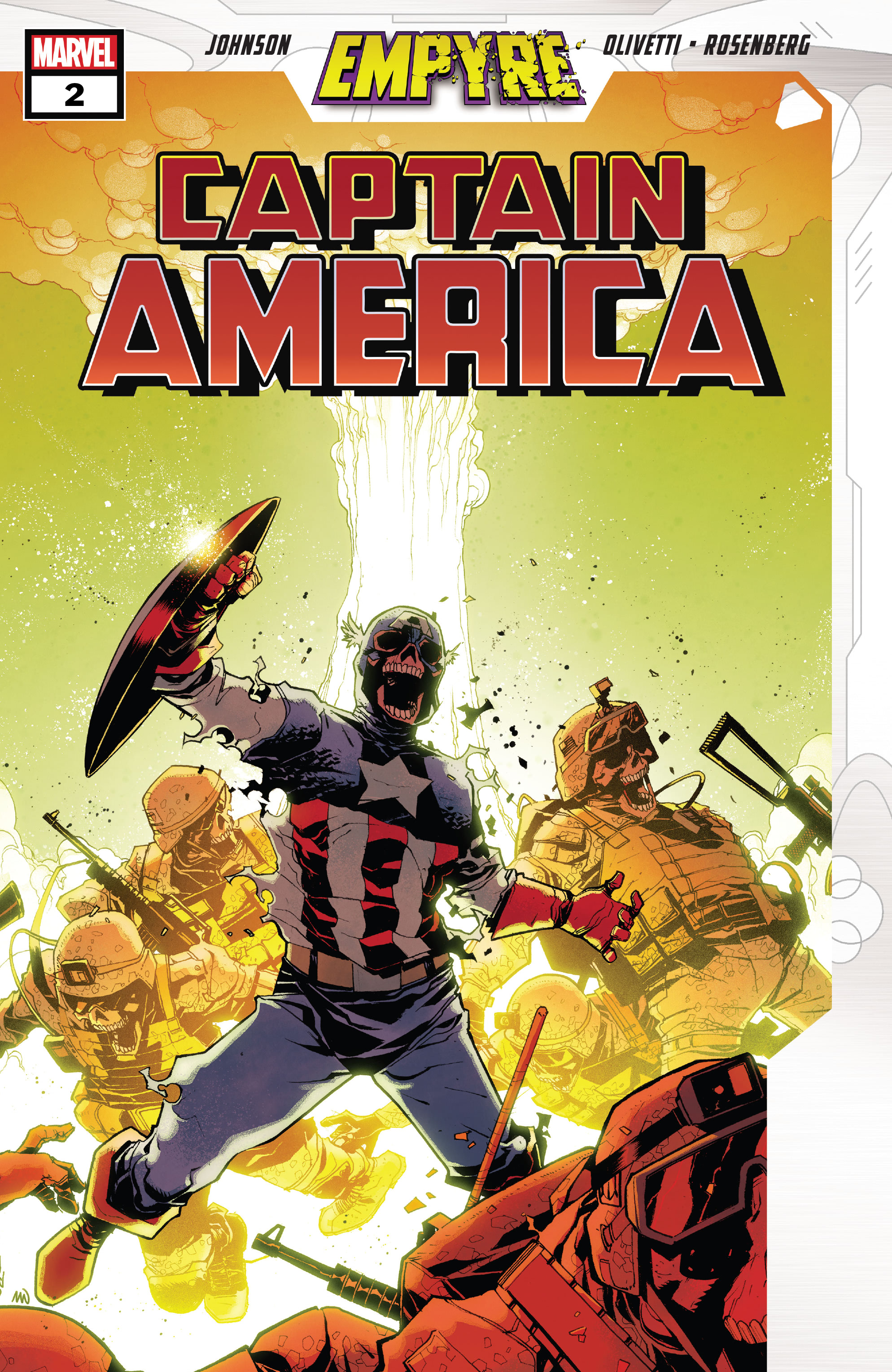 The cover of Empyre: Captain America #2. There are four figures falling towards the camera, all of them skeletons. The three in the background are wearing military combat uniforms. The skeleton at the front is dressed as Captain America with his shield raised in his right arm, jaw open. There is a mushroom explosion cloud in the background over a yellow-green background. The title 'CAPTAIN AMERICA' is written in red capitals over the mushroom cloud. 