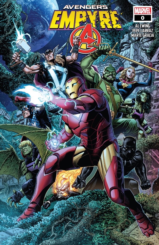 Cover of Empyre #0: Avengers. Iron Man stands at the front of a group of Avengers, left hand outstretched with a blue repulsor blast of energy coming from it. The other hand is crackling with blue energy. The Avengers behind him are (from left to right): Hulking (with wings), Captain America, Thor, Ghost Rider, Swordsman, Captain Marvel, Black Panther, and She-Hulk. They are standing in an overgrown place with stone structures behind them featuring a carved face. The Earth is visible in the sky behind them. 